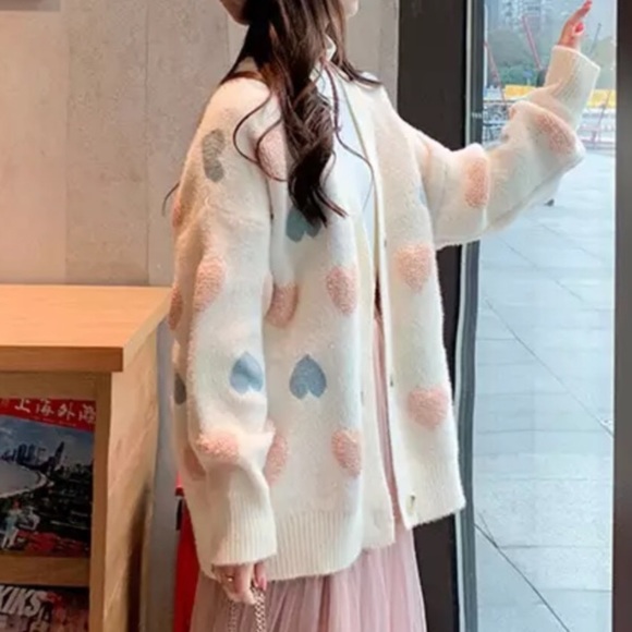 Sweaters - Sweater cardigan heart sweater cute button down fuzzy v-neck